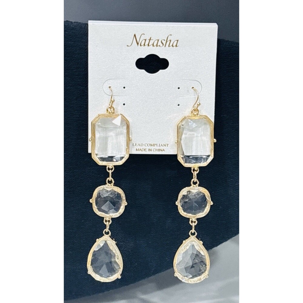 Natasha Crystal Dangle Earrings Statement Glass Drop Gold Tone Prom NEW